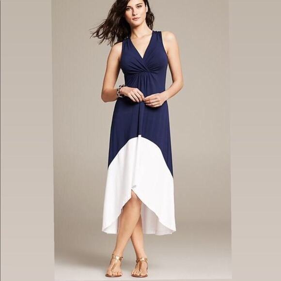 Banana Republic Colorblock Maxi Dress Womens Medium Navy White Knotted High Low - Picture 1 of 10